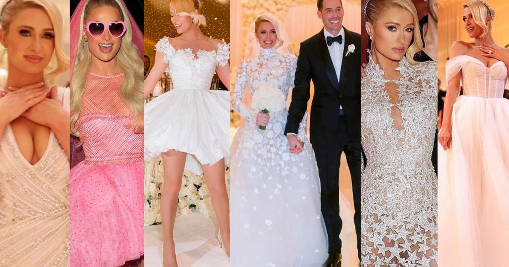 Pink, sequins, lace, stars: Paris Hilton's six wedding dresses