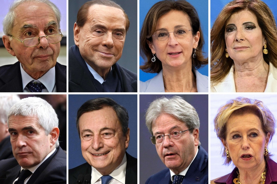 Otto dei 12 candidati più quotati al Quirinale. Dall'alto a sinistra, in senso orario: Amato, Berlusconi, Cartabia, Casellati, Moratti, Gentiloni, Draghi e Casini