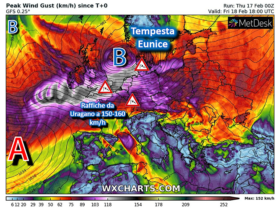 Strong winds from hurricanes in Central and Northern Europe