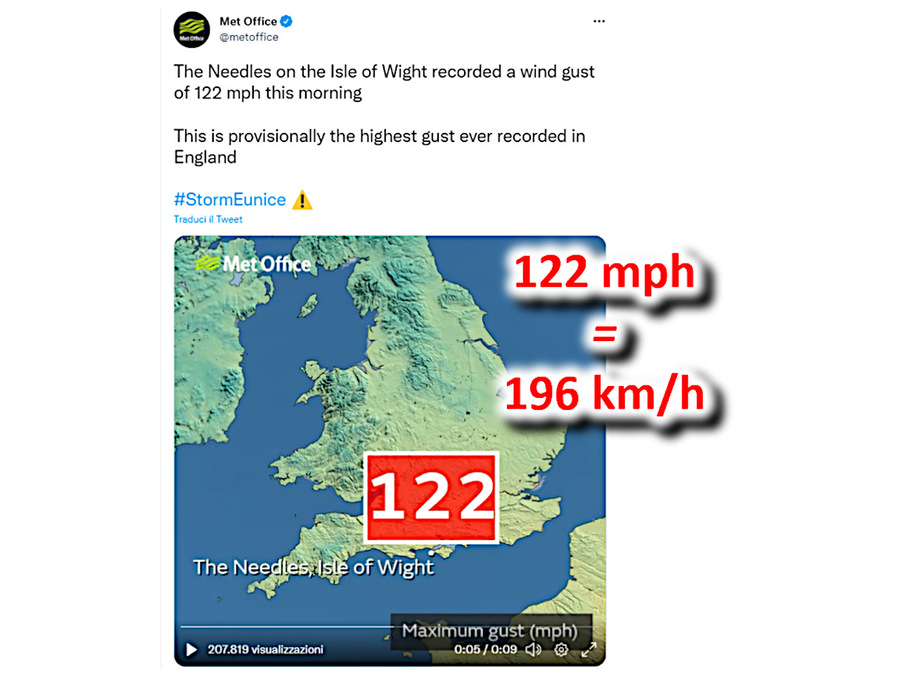 Winds will be 196 km / h.  Strongest ever achieved in the UK (Source Meteorological Office)