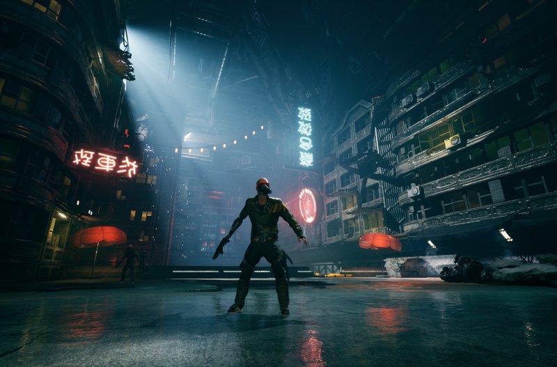 Ghostrunner, screenshot showing cyberpunk setup