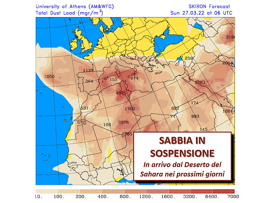 Sand arrives from the Sahara in large quantities (brown) in many areas