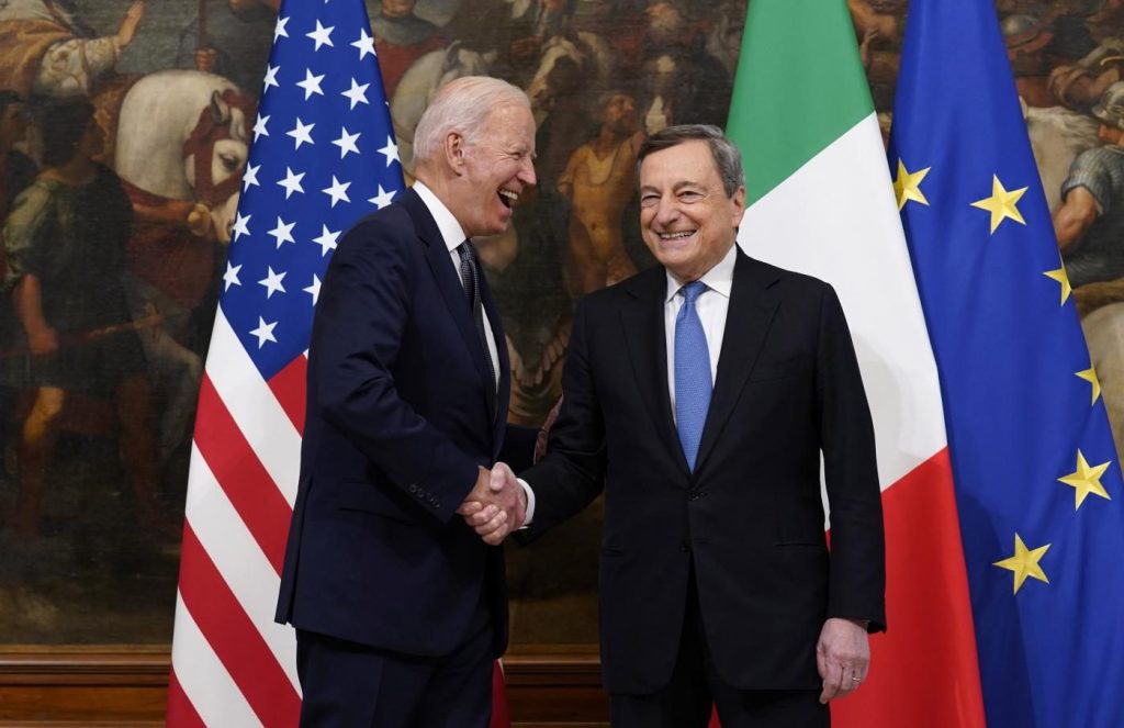 Mario Draghi meets with US President Joe Biden at the White House on May 10