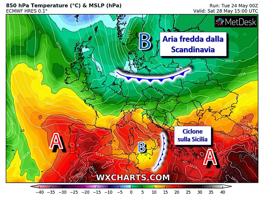 Cold winds from Scandinavia: Thundershowers on weekends.  Hurricane over Sicily