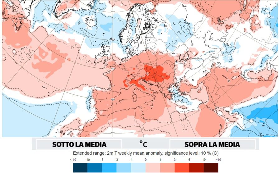 Above average temperatures of +5/6°C especially in central and northern Italy (Source: ECMWF)