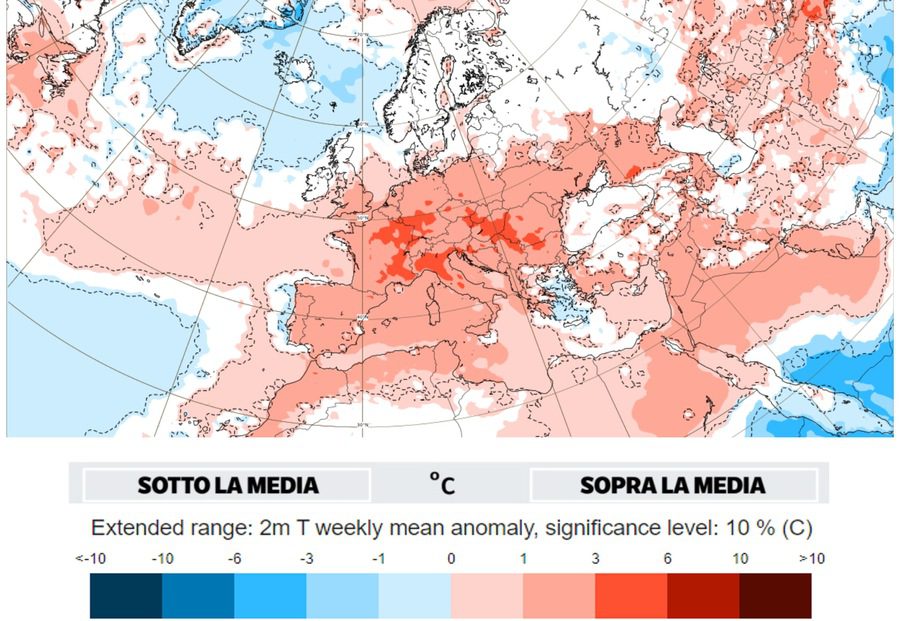 Above average temperatures of +5/6°C especially in central and northern Italy (Source: ECMWF)