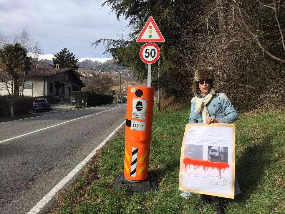ASSO - Evaristo Perego in front of a speed camera in Valassina