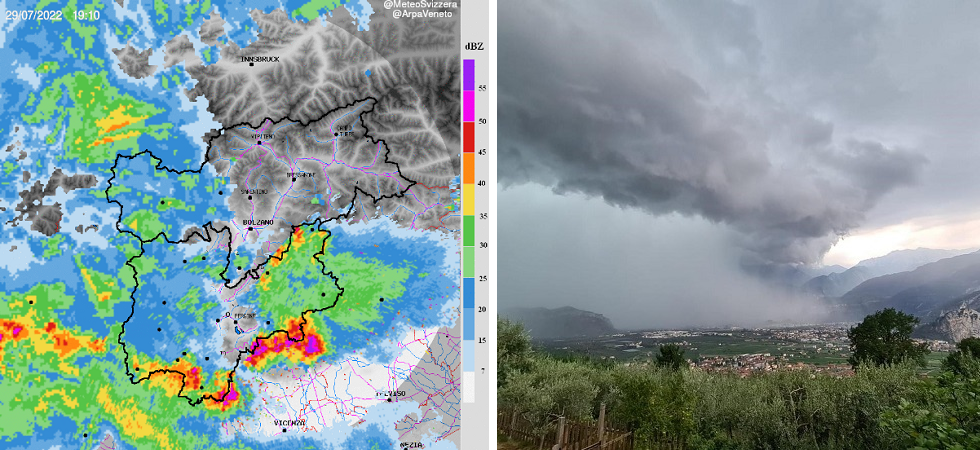 Severe storm over Trentino: thunderstorms, hail and strong winds.  A civil defense alert has been triggered