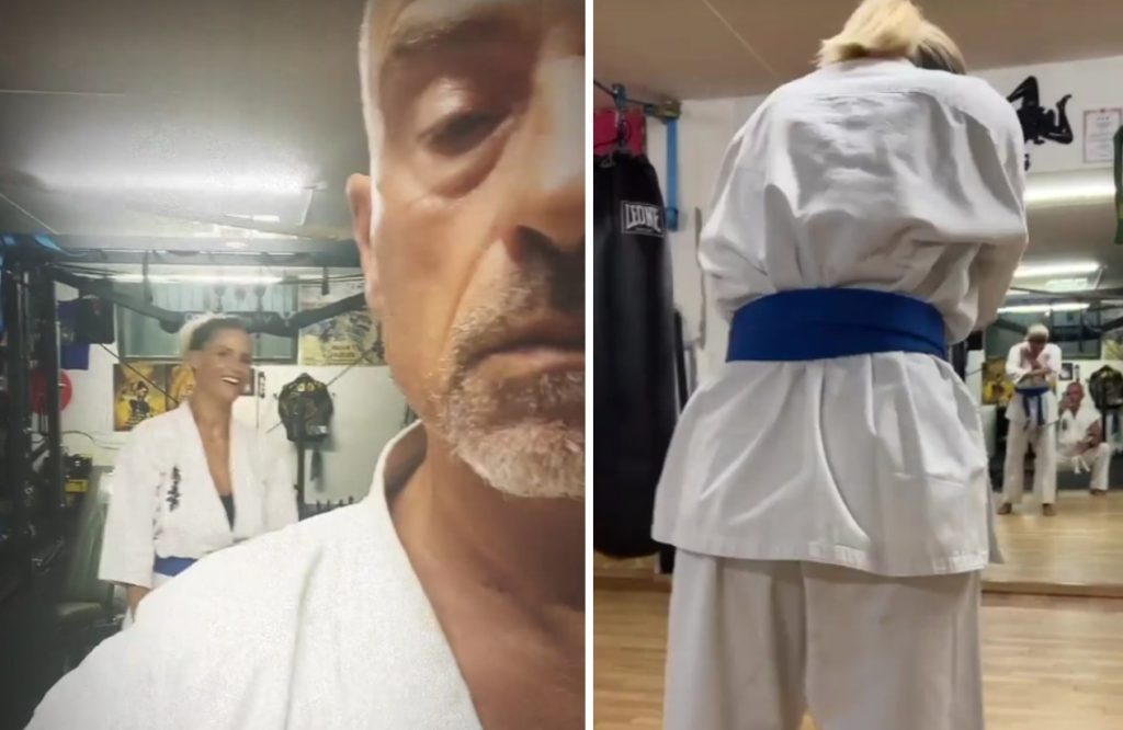 Michel Hunziker and Eros Ramazzotti at the gym together to do karate