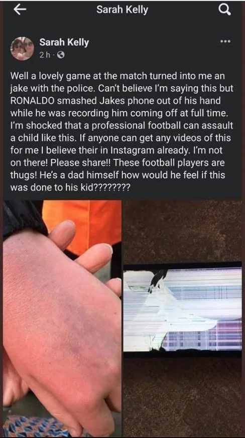 The post posted by the boy's mother on social media was hit by a CR7's hand.  The gesture also caused the young Toffees fans' cell phone to break.