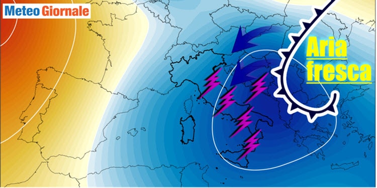 Weather with air flow from the Balkans, high temperature and thunderstorms