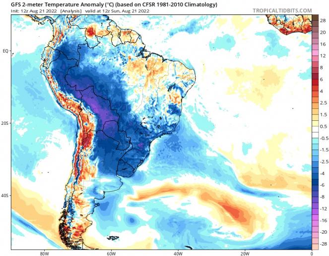 Abnormal temperatures in South America are colder than usual