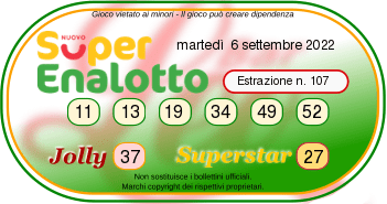 SuperEnalotto raffle winning numbers today, Tuesday, September 6: 34 11 13 19 49 52;  Jolly Number: 37;  Star Number: 27