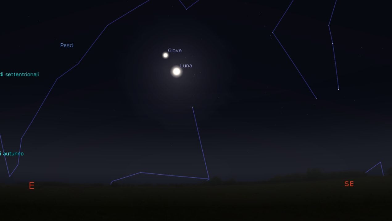 The position of the moon and Jupiter tonight at 20:00.  Credit: Stellarium