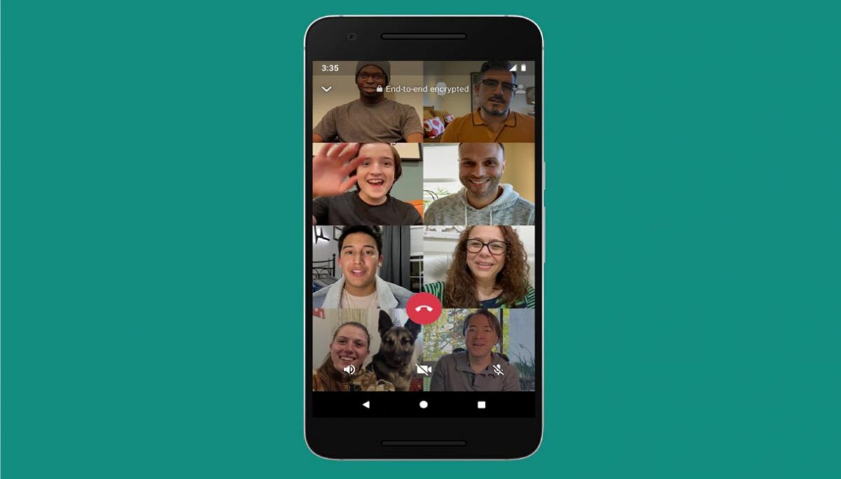 WhatsApp video call screen with 8 participants