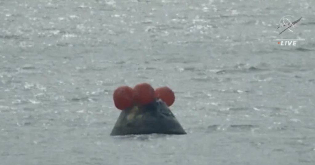 The Orion capsule returned to Earth, splashing out into the Pacific Ocean